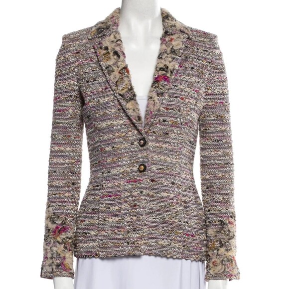 ST JOHN COUTURE Boucle Tweed Jacket Pink Floral 10 Ruffles Old Money Luxury